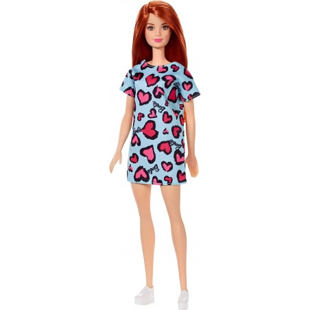 Barbie Chic poupée rousse avec robe bleue à motifs cœurs