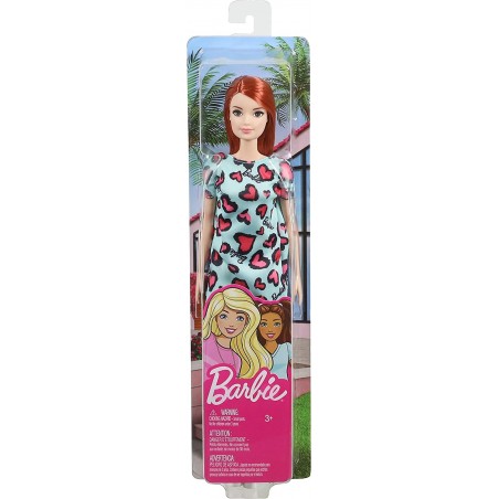 Barbie Chic poupée rousse avec robe bleue à motifs cœurs