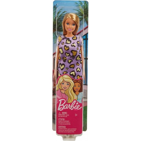 Barbie Chic poupée aux cheveux châtains avec robe violette à motifs cœurs