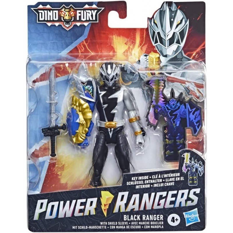 Power Rangers Dino Fury, Ranger Noir avec Manche Bouclier, Figurine de 15 cm avec clé Dino Fury et Sabre Chromafury