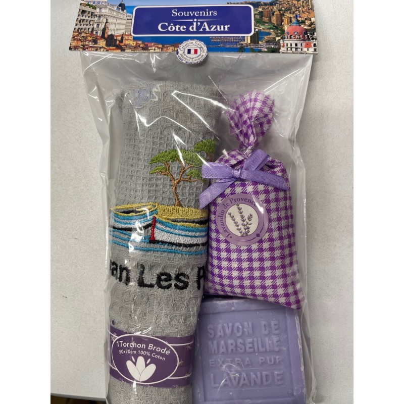 Set Lavande,torchon gris,savon Juan les pins Set Lavande,torchon gris,savon Juan les pins