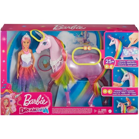 Barbie Dreamtopia Licorne rose Lumières Magiques crinière arc-en-ciel, sons et lumières et poupée princesse