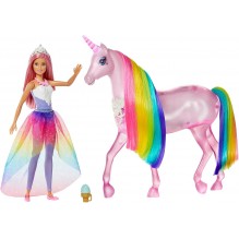 Barbie Dreamtopia Licorne rose Lumières Magiques crinière arc-en-ciel, sons et lumières et poupée princesse