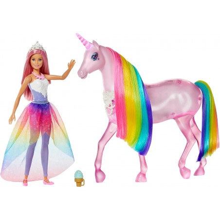 Barbie Dreamtopia Licorne rose Lumières Magiques crinière arc-en-ciel, sons et lumières et poupée princesse