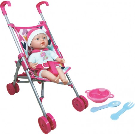 Poussette canne avec bebe poupon 33 cm et accessoires