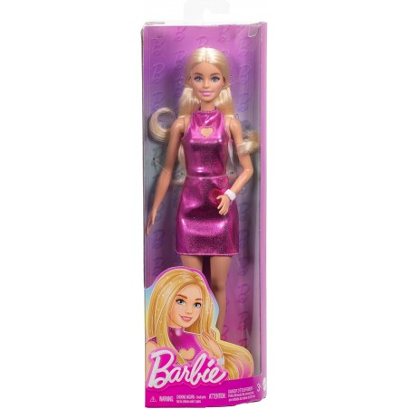 Poupée Barbie Fashionistas Poupée avec cheveux blonds, portant une mini-robe rose métallique