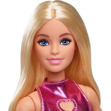 Poupée Barbie Fashionistas Poupée avec cheveux blonds, portant une mini-robe rose métallique