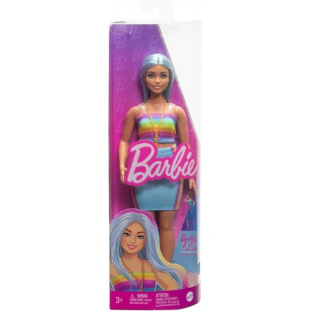 Poupée Barbie Fashionistas,avec de Longs Cheveux Bleus, Haut Arc-en-Ciel et Jupe Turquoise