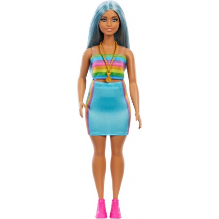 Poupée Barbie Fashionistas,avec de Longs Cheveux Bleus, Haut Arc-en-Ciel et Jupe Turquoise
