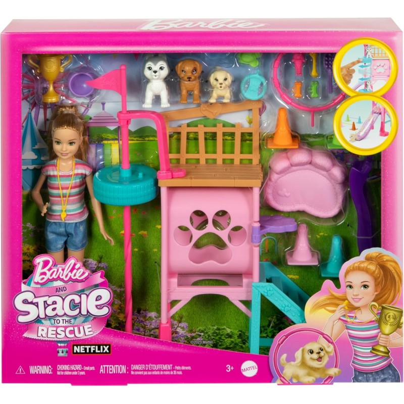 Barbie Coffret Parcours D’Obstacles Et Poupée Stacie Avec 3 Chiots À Entraîner