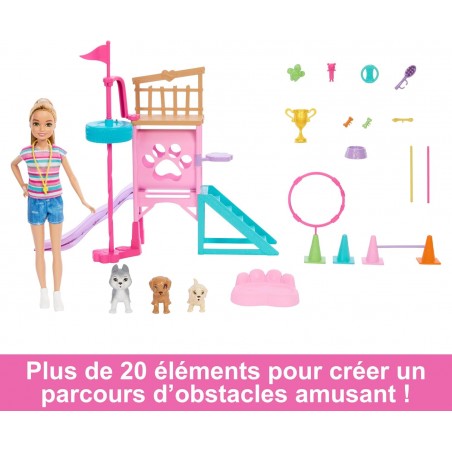 Barbie Coffret Parcours D’Obstacles Et Poupée Stacie Avec 3 Chiots À Entraîner