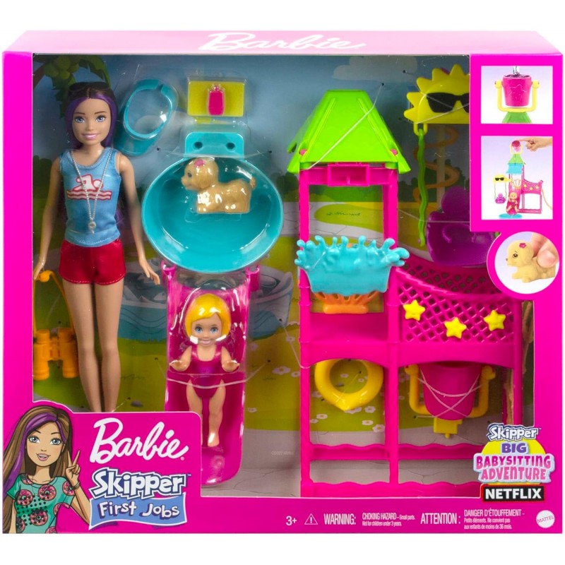 Barbie Coffret Skipper Premiers Jobs, Poupée, Parc Aquatique avec Toboggan à Eau Fonctionnel, Chiot gicleur