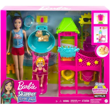 Barbie Coffret Skipper Premiers Jobs, Poupée, Parc Aquatique avec Toboggan à Eau Fonctionnel, Chiot gicleur