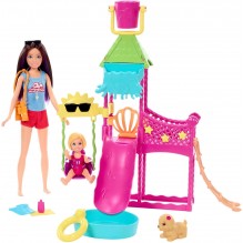 Barbie Coffret Skipper Premiers Jobs, Poupée, Parc Aquatique avec Toboggan à Eau Fonctionnel, Chiot gicleur