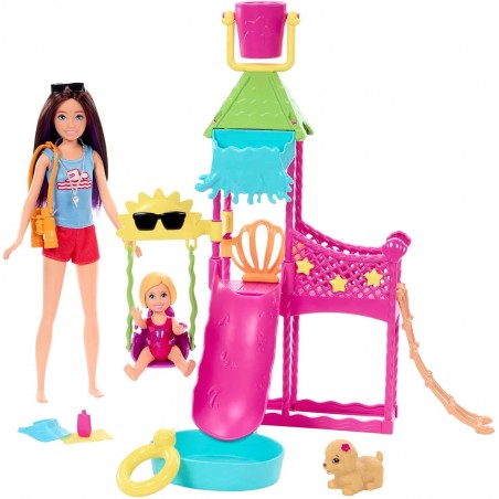 Barbie Coffret Skipper Premiers Jobs, Poupée, Parc Aquatique avec Toboggan à Eau Fonctionnel, Chiot gicleur