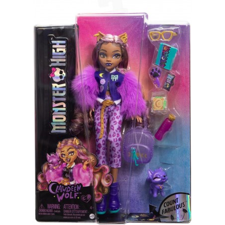 Monster High Poupée Articulée Loup-Garou Clawdeen Wolf en Tenue Tendance, avec Chien Crescent