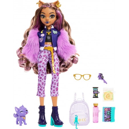 Monster High Poupée Articulée Loup-Garou Clawdeen Wolf en Tenue Tendance, avec Chien Crescent