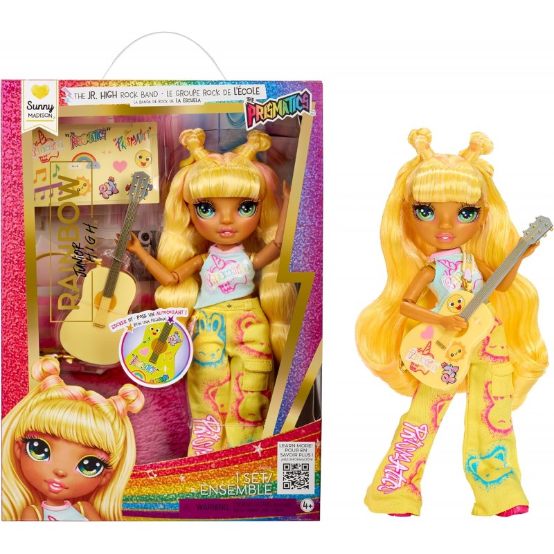 RAINBOW HIGH Junior High Rock Band - Sunny - Poupée Mannequin Jaune de 23 cm avec Guitare