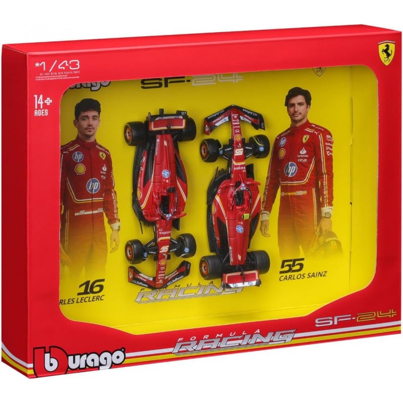 Coffret 2 Ferrari SF-24 F1 2024 – Charles Leclerc n°16 et Carlos Sainz n°55 – Voitures miniatures 1/43
