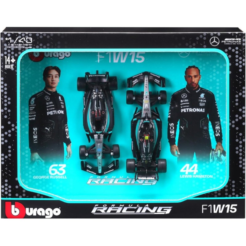 Coffret 2 Mercedes-AMG W15 F1 2024 – Lewis Hamilton n°44 et George Russell n°63 – Voitures miniatures 1/43