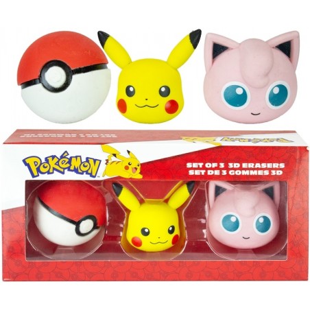 lot de 3 gommes 3D Pokémon : Pikachu, Rondoudou et Poké Ball